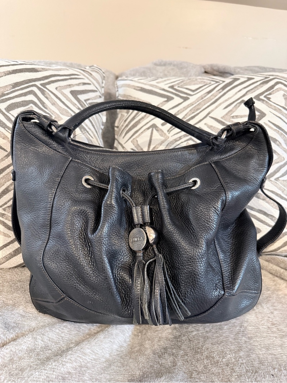 Furla Black Pebbled Leather Drawstring Hobo with Tassel